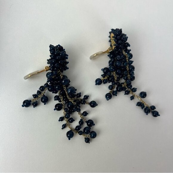 Women’s Oscar De La Renta,Azure Beaded Cascade ClipOn Earrings-4”.NavyBlue/Gold. - Picture 9 of 13